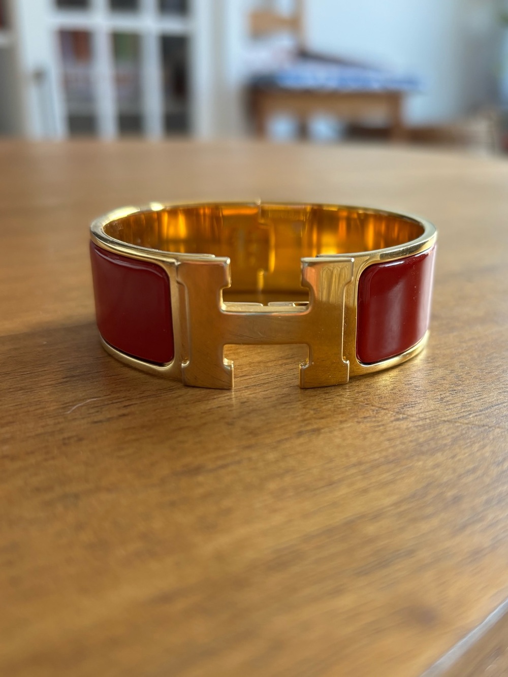 Hermès Gold Red Enamel Clic Clac H Bangle Bracelet GM